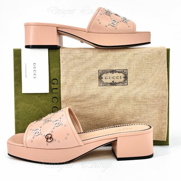 NEW GUCCI Janaya Interlocking GG Studs Rose Leather Sandal Slide EU 40.5 US 10.5 - Picture 11 of 11